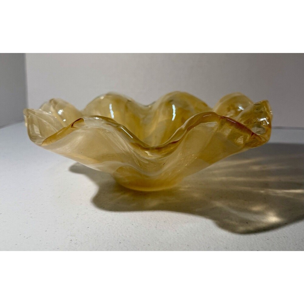 Murano Amber Hand Blown Art Glass Bowl Ruffled Handkerchief Design Centerpiece